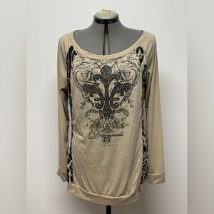 Angels & Diamonds Beige and Black Fluer De Lis and Bling Graphic Long Sleeve Top